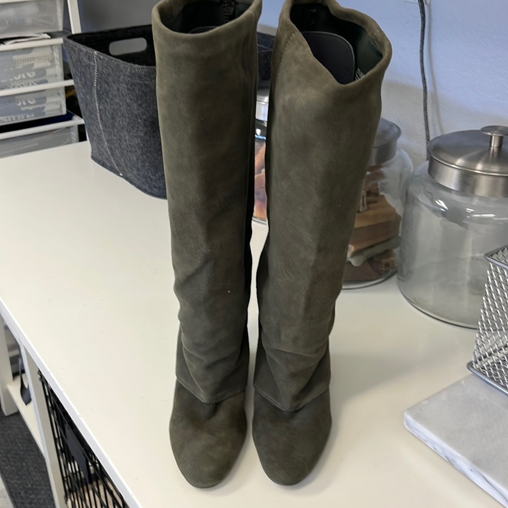 Classic Tall Suede Heeled Boots in Olive